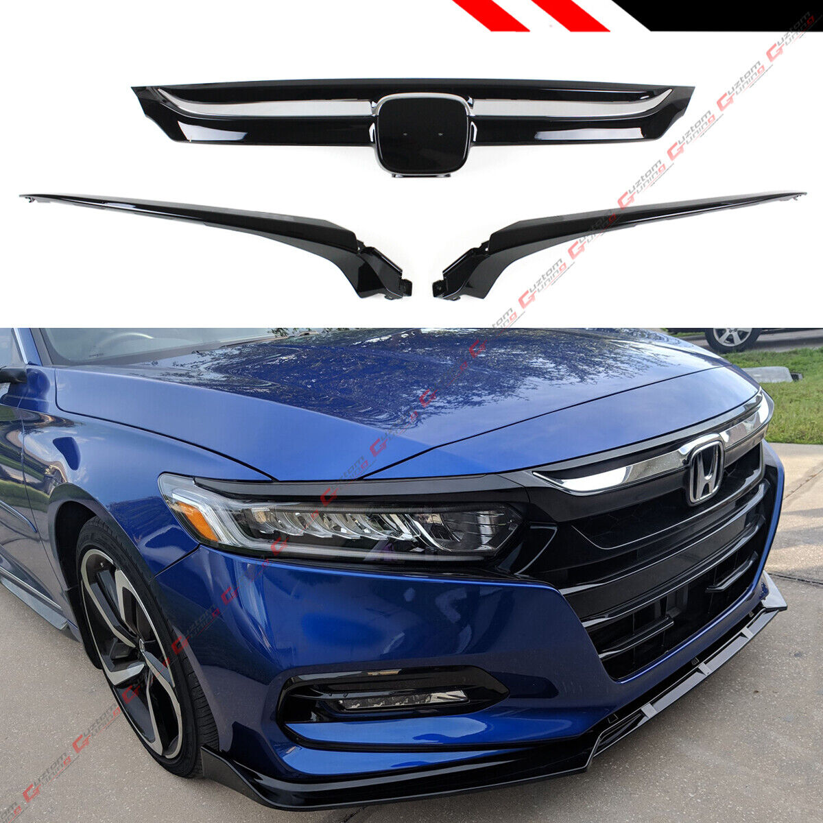 For 18-2020 10th Honda Accord Glossy Black  Chrome Trim Sport Style Front Grille