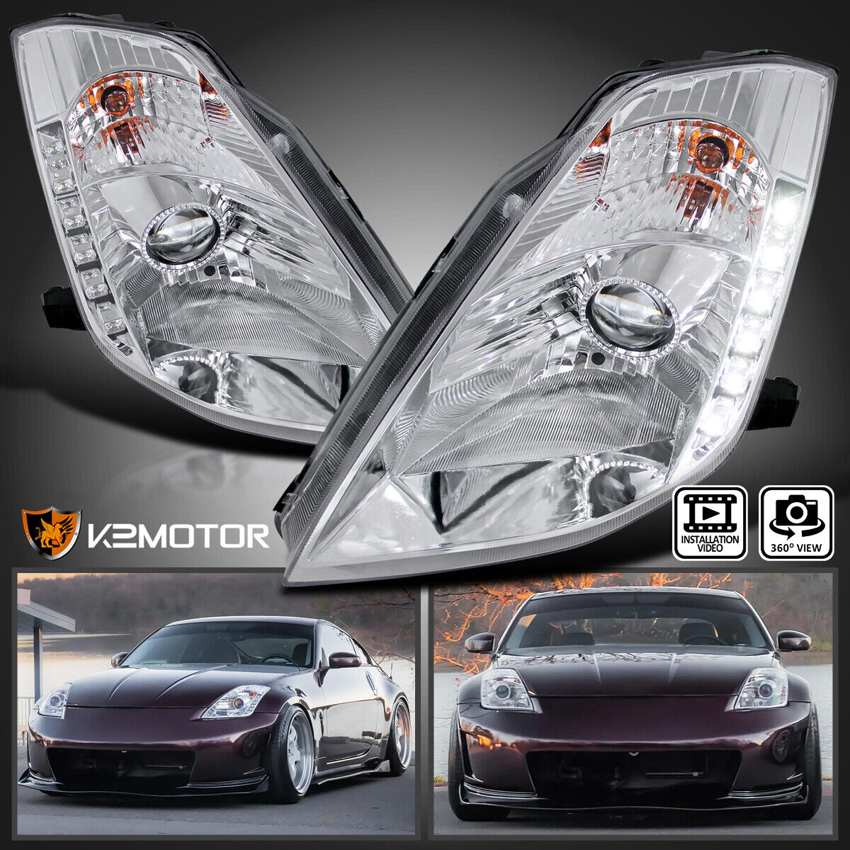 Fits 2003-2005 350Z Fairlady Z33 LED Strip HID Type Projector Headlights Lamps