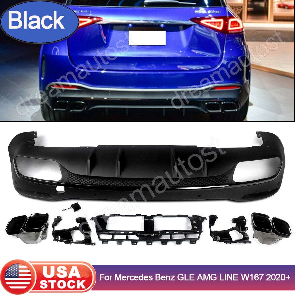 Black 63 AMG Look Rear Diffuser W/ Exhaust Tips for Mercedes Benz GLE W167 2020+