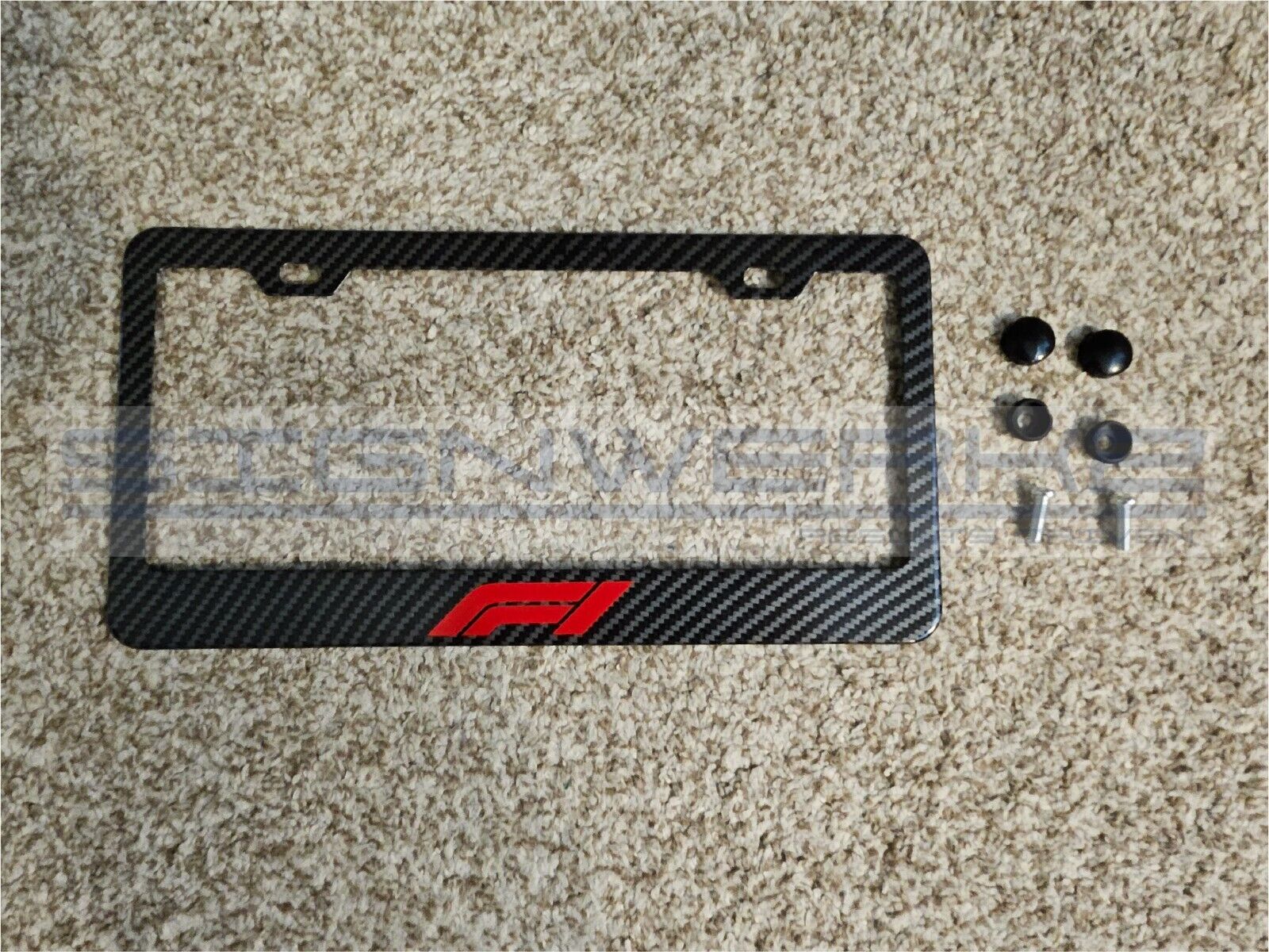 F1 Racing Carbon Fiber Printed Pattern Black Aluminum License Plate Frame