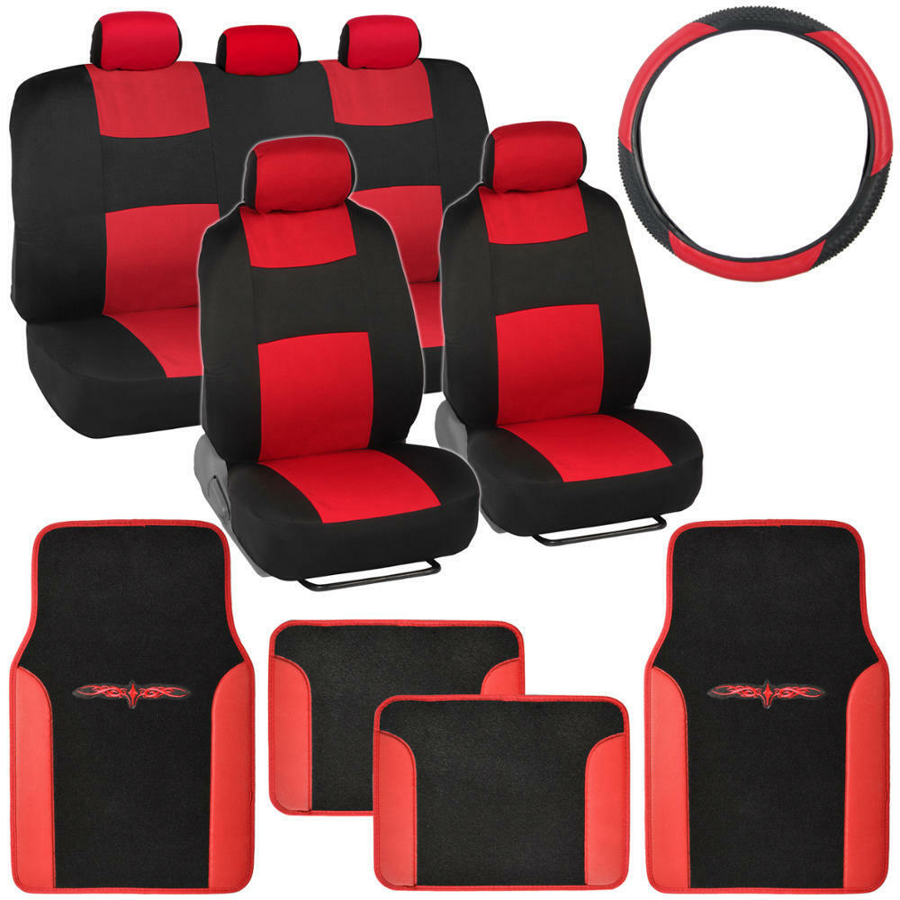 14Pc Car Seat Covers Set Full Bench Black & Red w/ PU Leather Carpet Floor Mat
