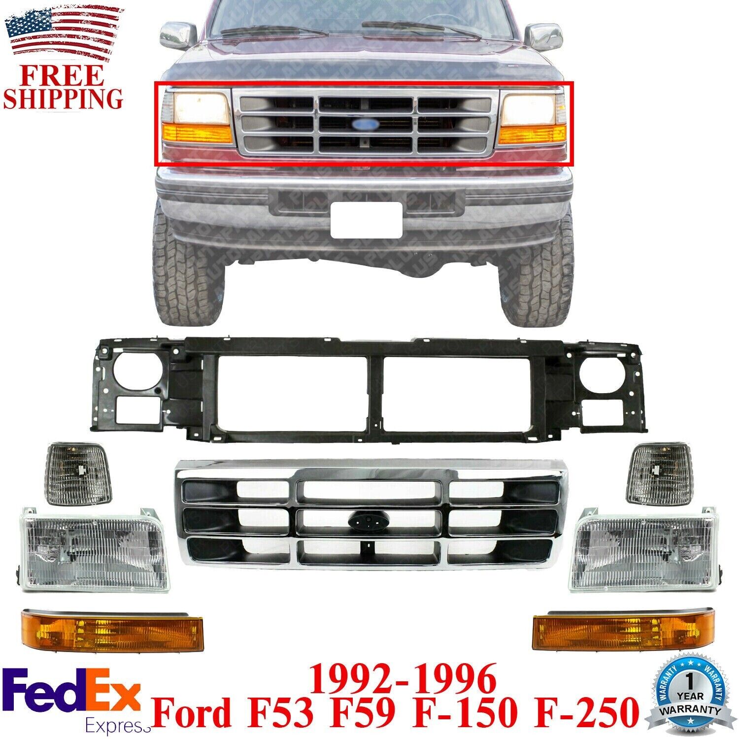 Front Header Panel + Grille + Head Lights Kit For 1992-1997 Ford F150 F250 F350