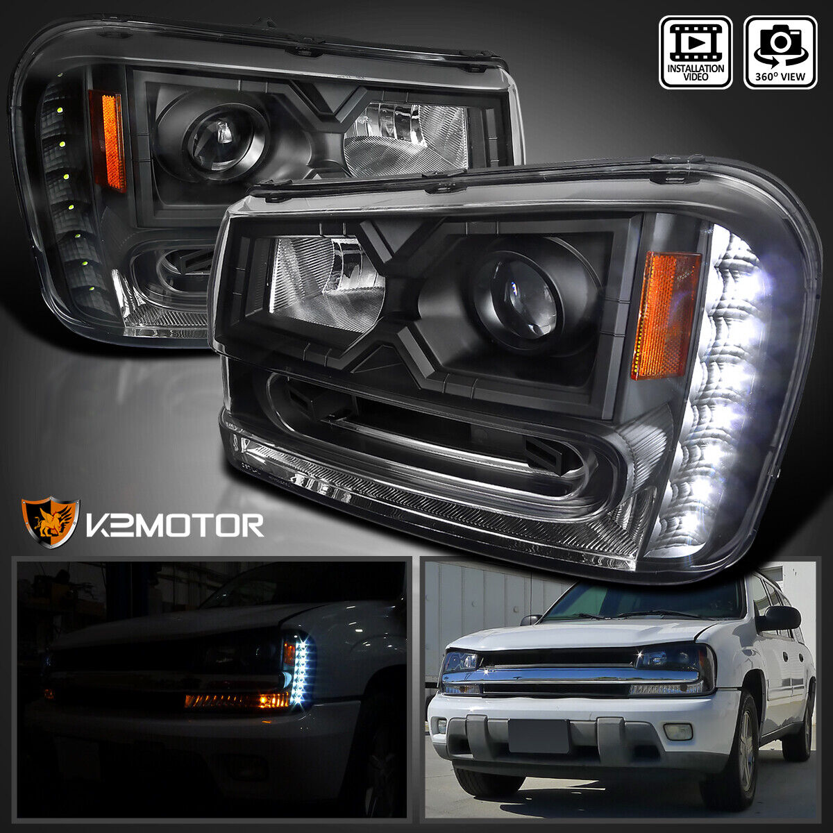 Black Fits 2002-2009 Chevy Trailblazer LED Strip Projector Headlights Left+Right