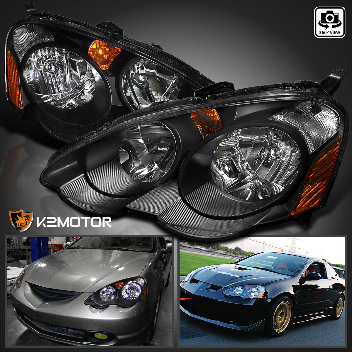 For 2002-2004 Acura RSX DC5 Replacement Black Headlights Head Lamps Left+Right