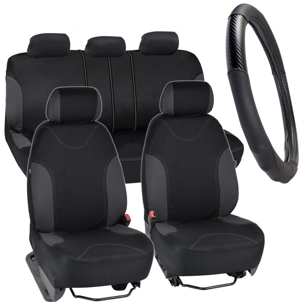 Car Seat Covers Set  & PU Leather Carbon Fiber Steering Wheel Cover - Charcoal