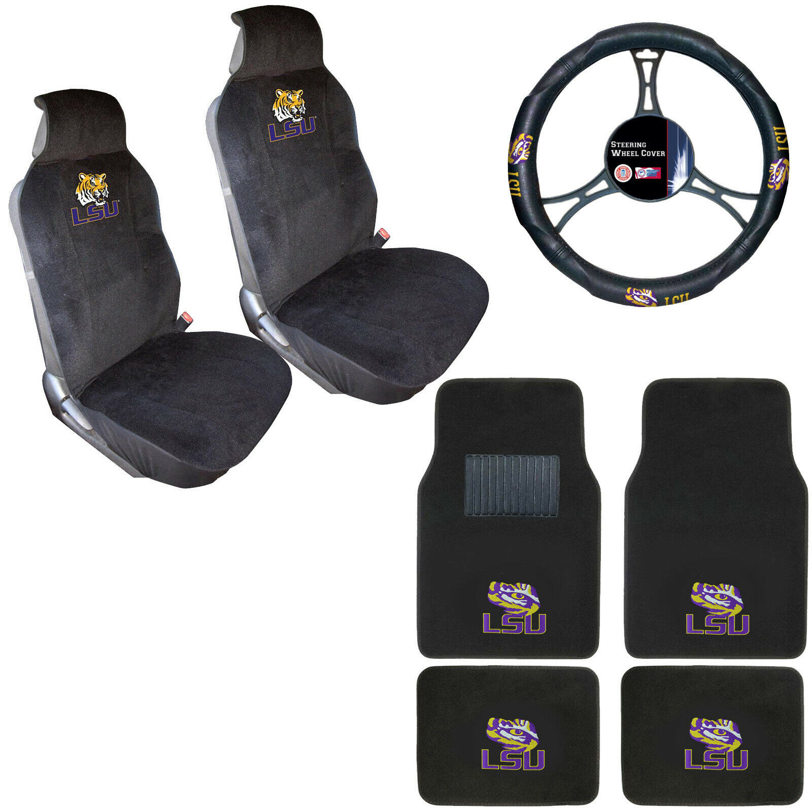 New NCAA LSU Tigers Car Truck Seat Covers Steering Wheel Cover & Floor Mats Set