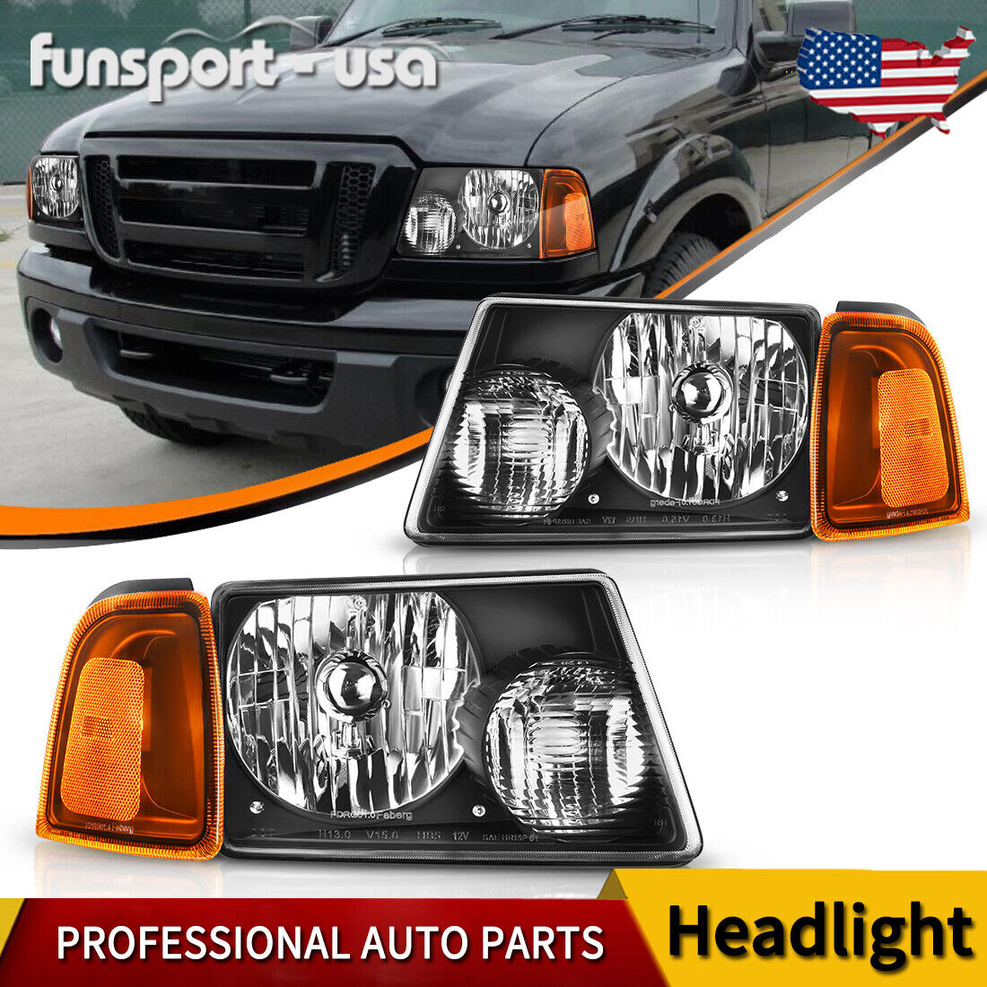 Headlights For 2001-2011 Ford Ranger Black Clear Corner Turn Signal Headlamps