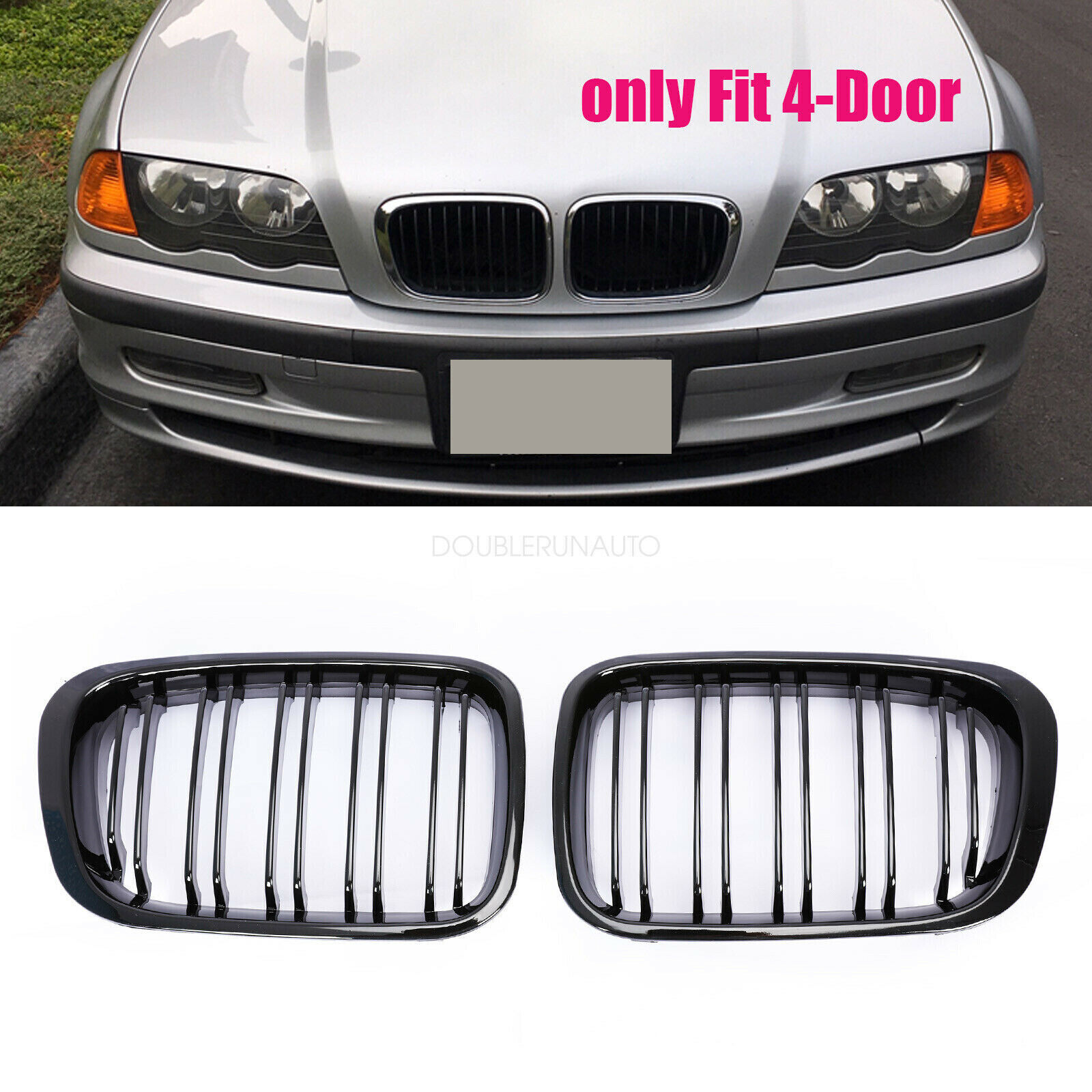 Gloss  Front Twin Bar Grille Grills Fit For BMW 3 Series E46  1999-2001 4 Door
