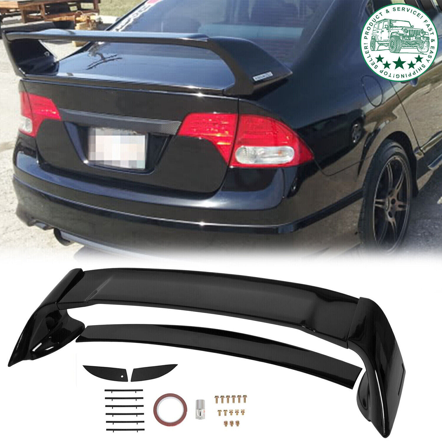 For 06-11 Civic 4DR Sedan Gloss Blk Painted Mugen Style RR Trunk Wing Spoiler
