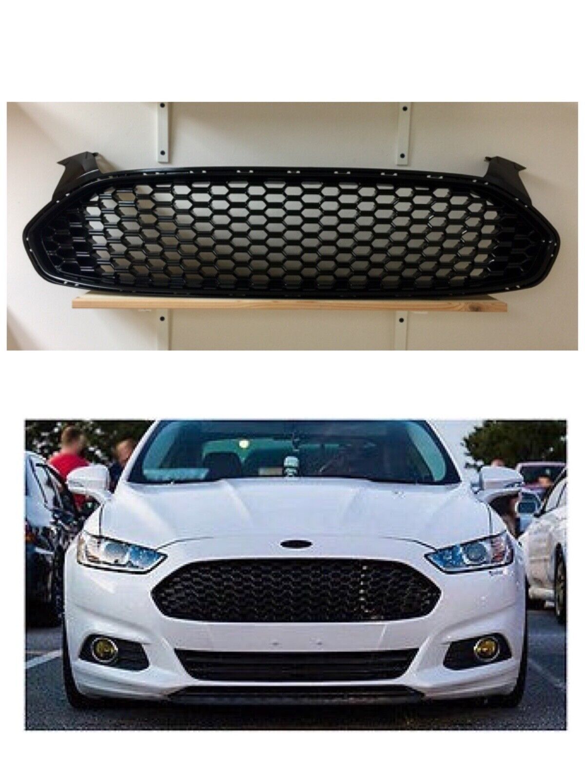 2013 2016 Ford Fusion Gloss Black Front Bumper Honeycomb Grill Grille