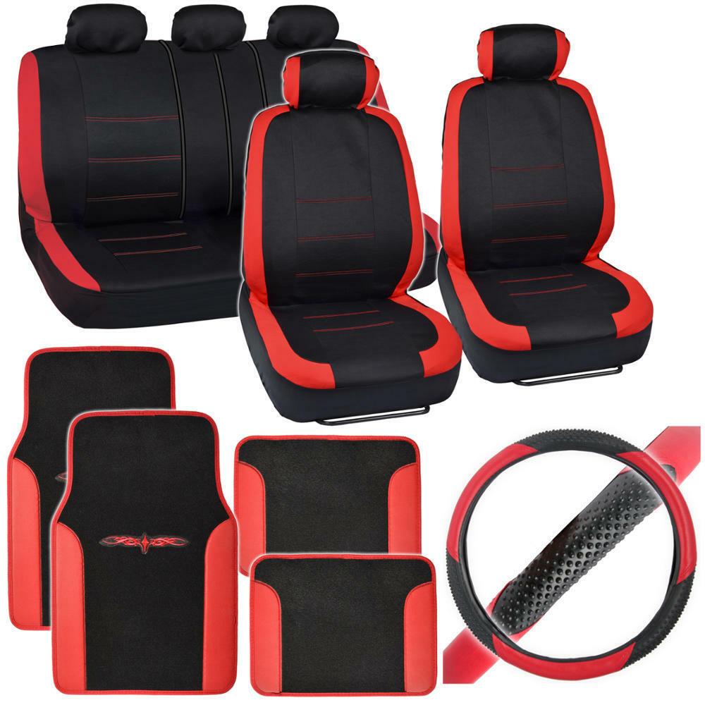 14Pc Car Seat Cover, Floor Mat & Steering Wheel Cover - Venice Black / Red