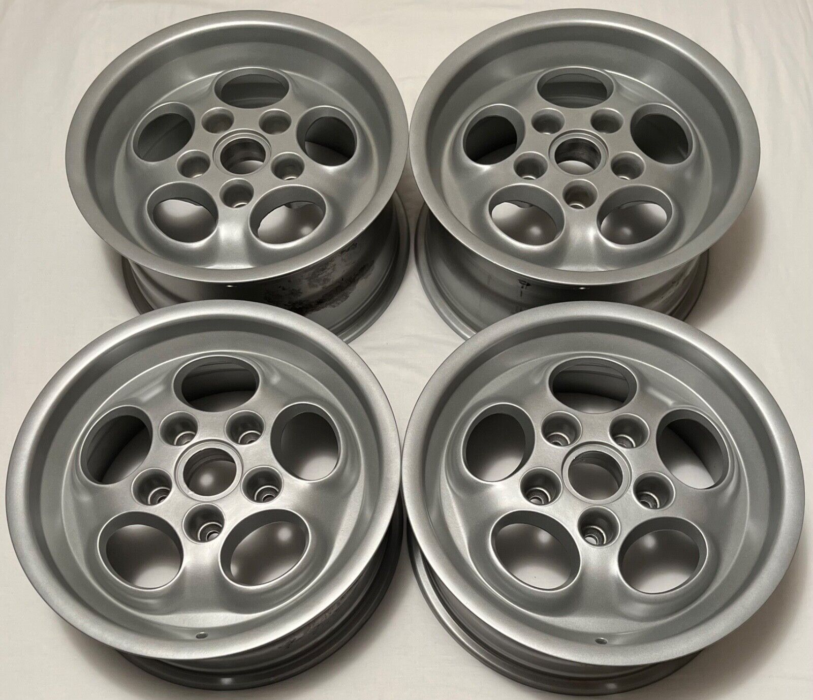 SET OF 4 EARLY OFFSET 16X7 & 16X8 PORSCHE 944 TURBO PHONE DIAL WHEELS REFINISHED