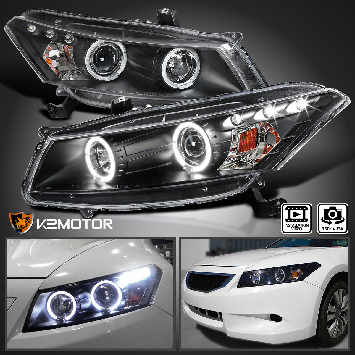 Black Fits 2008-2012 Honda Accord 2Dr Coupe LED Halo Projector Headlights 08-12