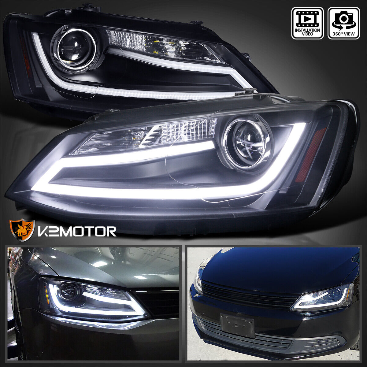 For 2011-2014 Volkswagen Jetta MK6 Black Projector Headlights Lamp+LED Strip Bar