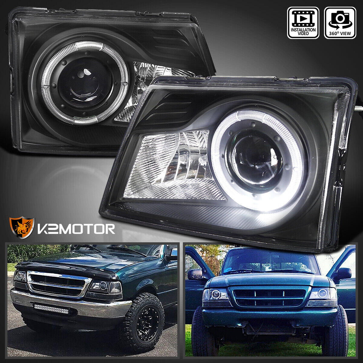 Black Fits 1998-2000 Ford Ranger LED Halo Projector Headlights Lamps 98-00 L+R