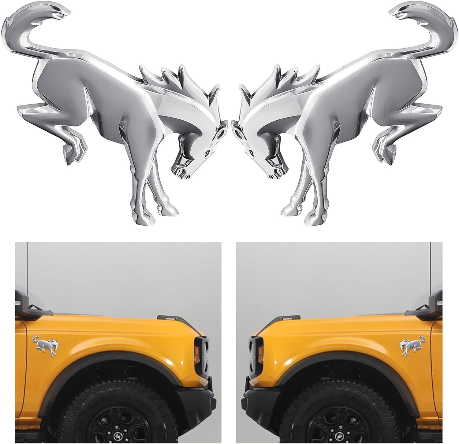 2x 3D Chrome Silver Bucking Horse Logo Badge Emblem For Ford Bronco 2020-2022