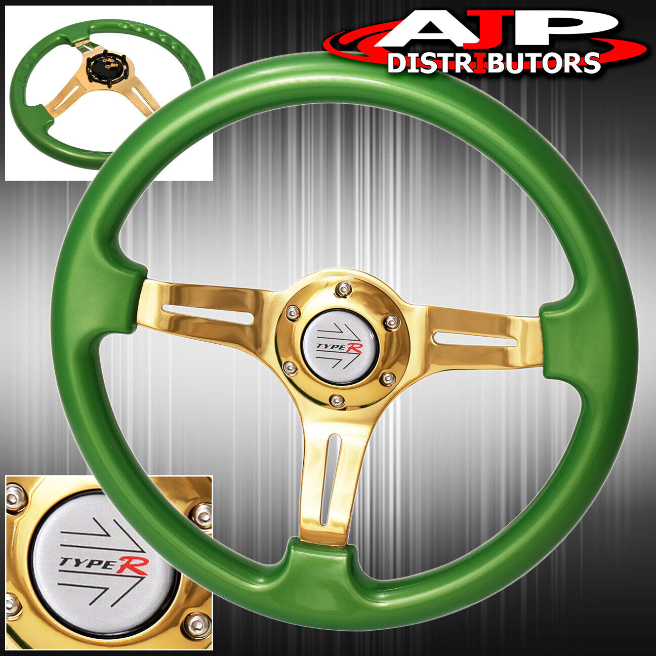 Universal 6 Bolt Heavy Duty Green Steering Wheel Trim Gold Center Typer