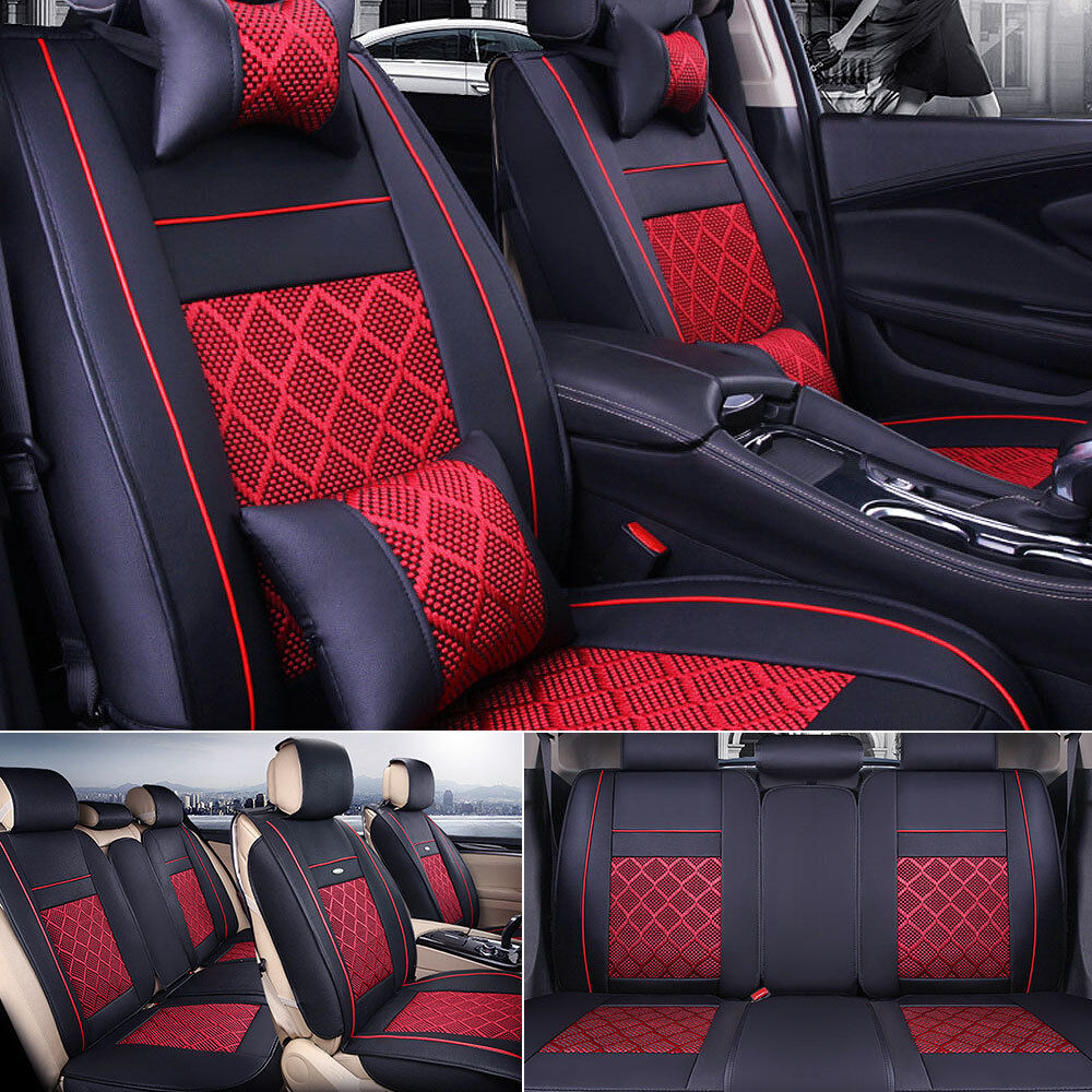 PU Leather+Comfort Mesh Seat Cover US 5-Seat Car SUV Front&Rear Cushion w/Pillow