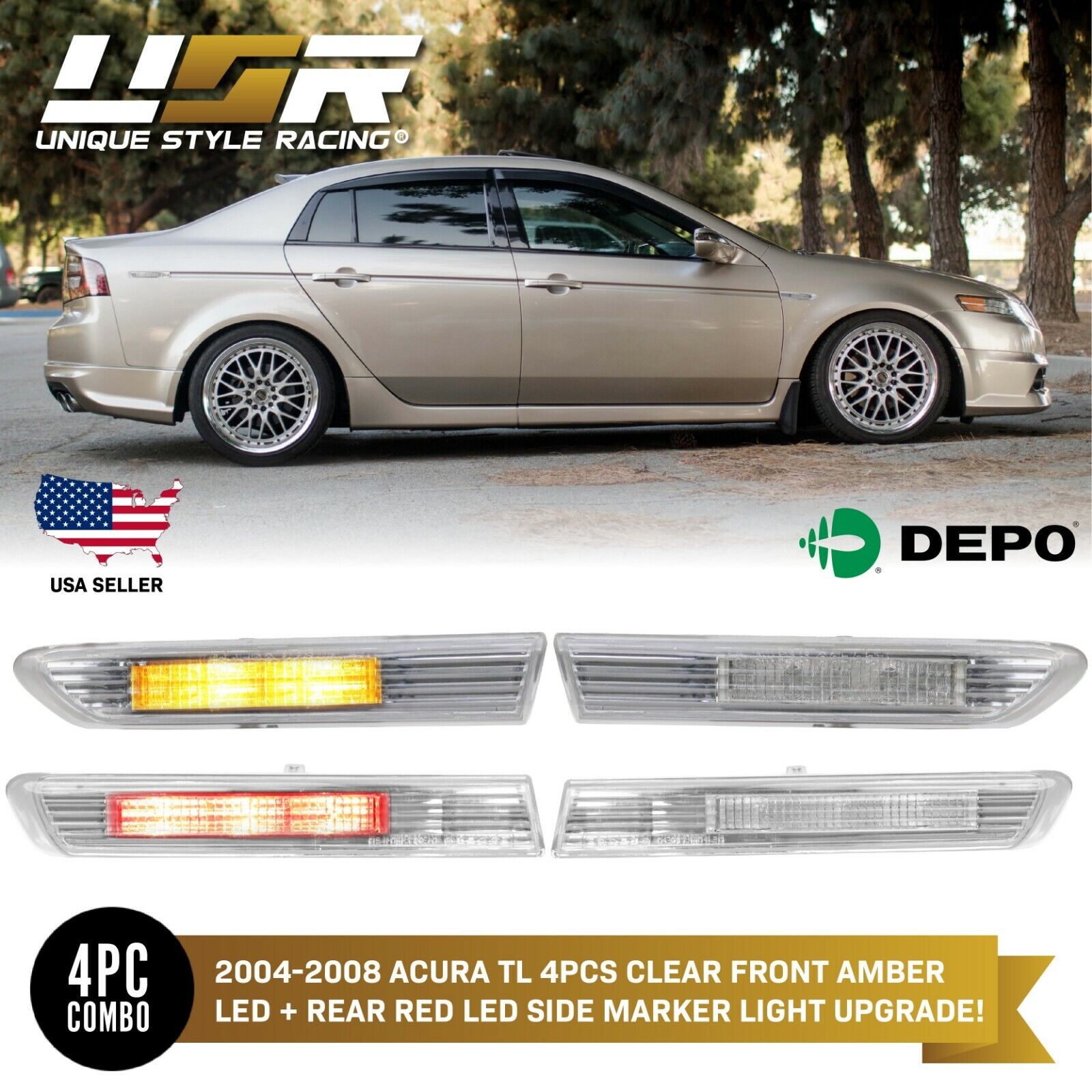 DEPO JDM Clear 4 Pieces LED Side Marker Lights Lamp For 2004-2008 Acura TL