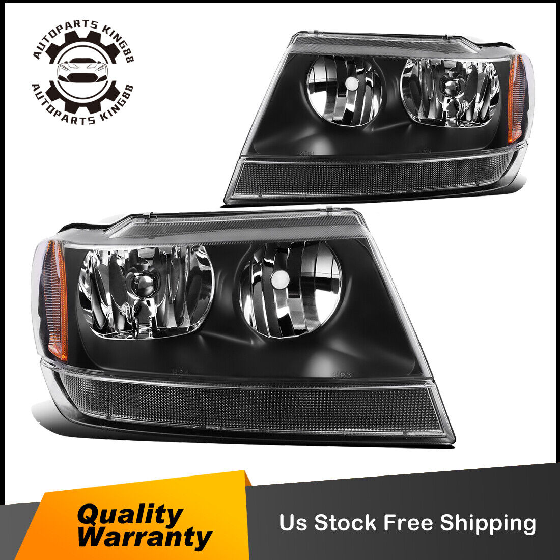 Black Amber Replacement Headlights For 1999-2004 Jeep Grand Cherokee Headlamps