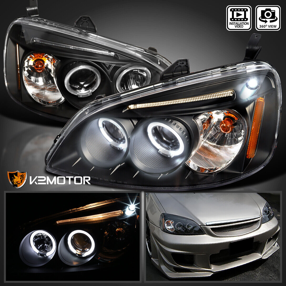 Black Fits 2001-2003 Honda Civic 2/4Dr LED Halo Projector Headlights Lamps 01-03