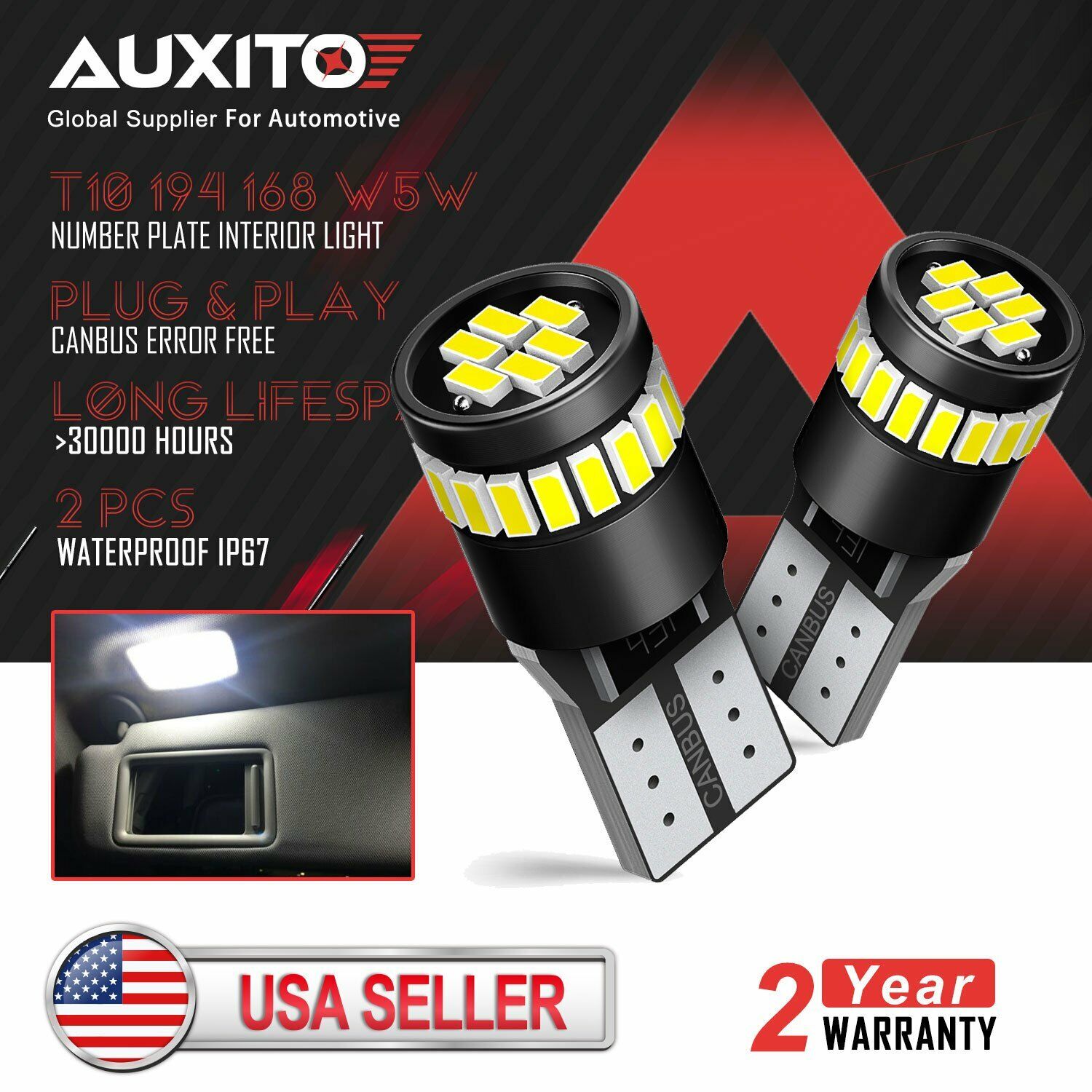 2x AUXITO Error Free T10 194 168 2825 LED Number Plate Dome Map Light Bulb White