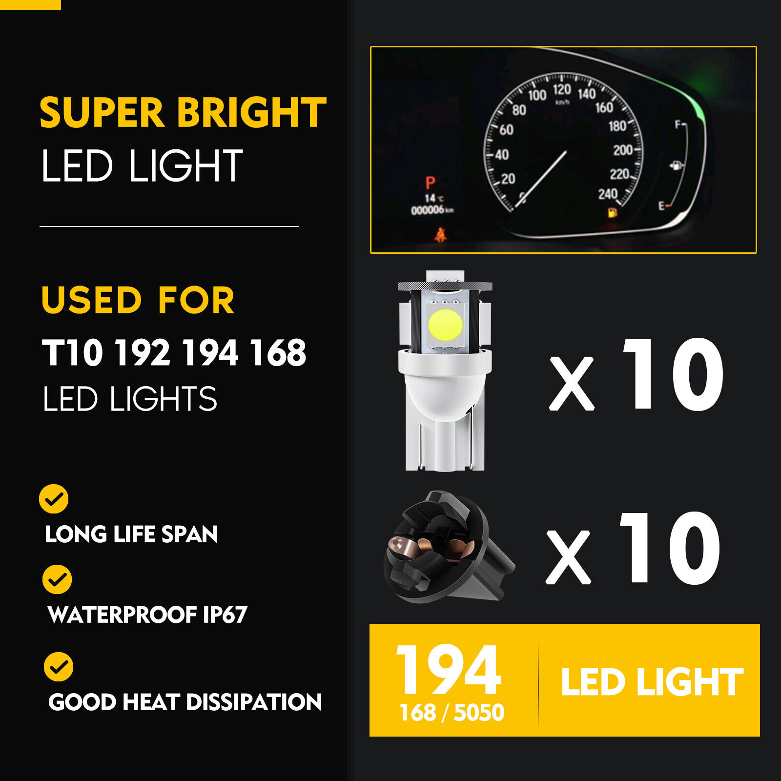 10x Super White T10 194 LED Bulbs Instrument Gauge Cluster Dash Light W/ Sockets