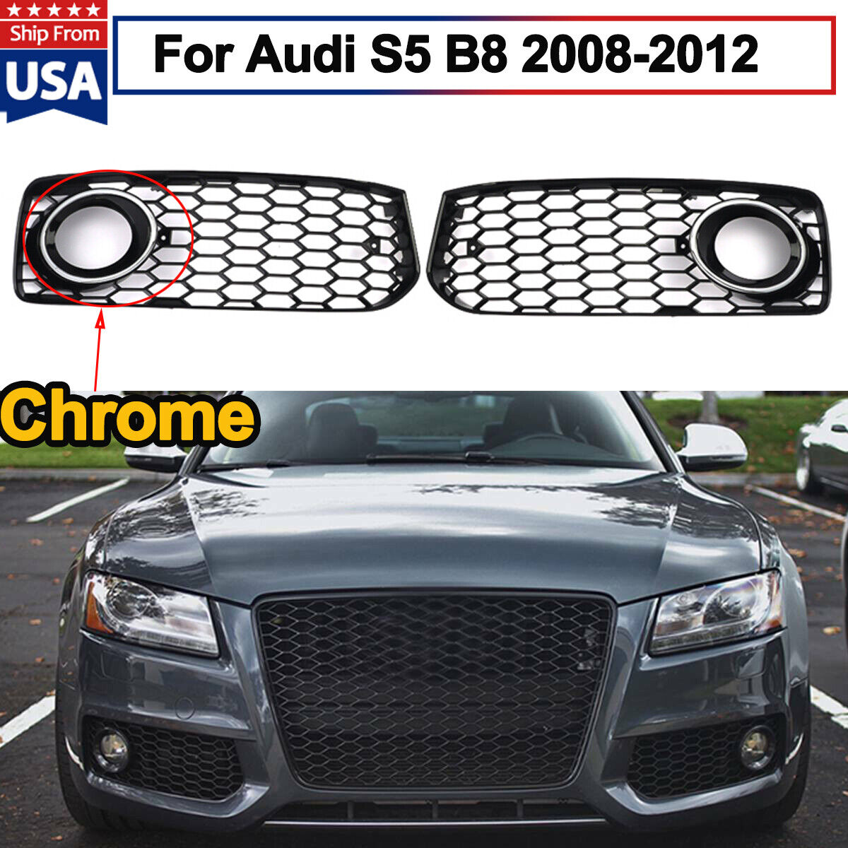 Honeycomb RS5 Style Fog Light Grille Chrome Ring for Audi S5 B8 Coupe 2008-2012