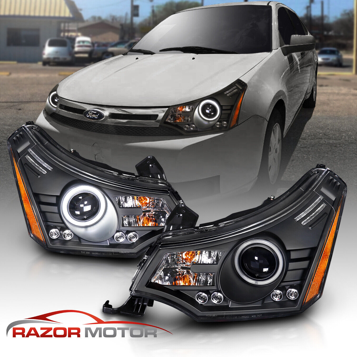 2008-2011 Black LED + LED Halo Projector Headlight For Ford Focus Coupe / Sedan