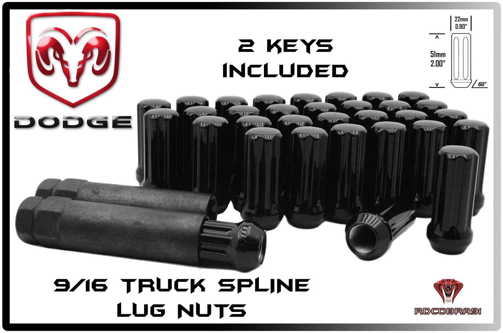 20 Pc Dodge Ram 1500 Black Spline Lug Nuts 2\