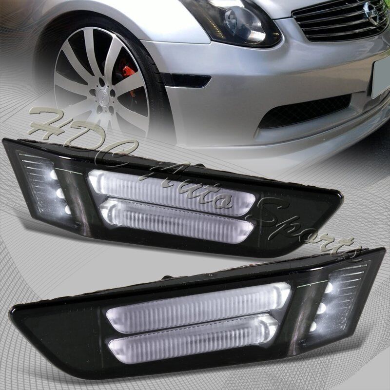 For 2003-2007 Infiniti G35 Coupe Smoke LED Strip Front Bumper Side Marker Lights