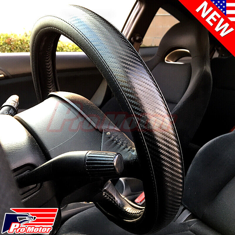 Premium Black Carbon Fiber Leather Steering Wheel Cover Protector Slip-On Sport