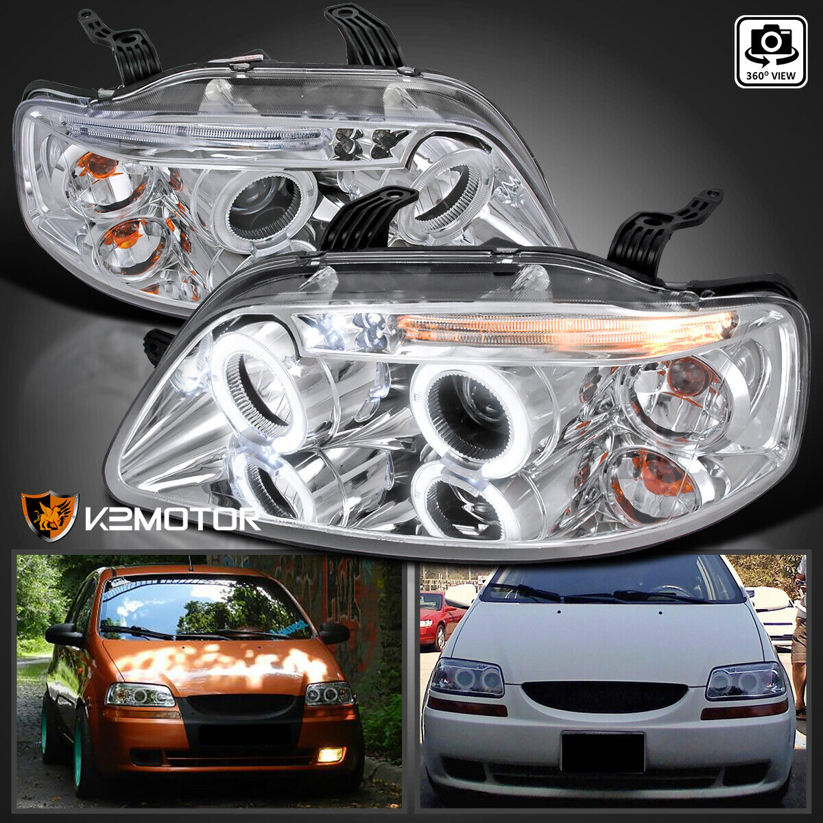 Fits 2004-2006 Chevy Aveo 4Dr Sedan Aveo 5 LED Halo Projector Headlights Lamps