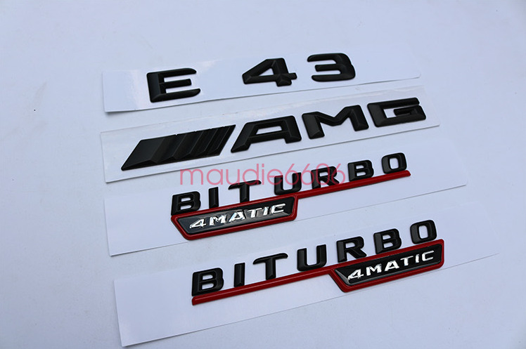 Black E43 + AMG + BITURBO 4 MATIC Trunk Emblem Badge Sticker for Mercedes Benz