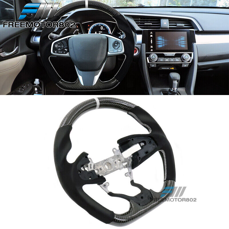 Fits 16-21 Civic Carbon Fiber Alcantara Steering Wheel White Stitch W/ Indicator