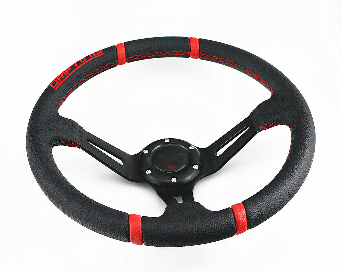 350MM DEEP DISH LEATHER RED 6 Bolt Racing Drifting Off Road Sport Steering Wheel
