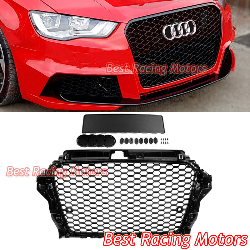 For 2014-2016 Audi A3 8V RS3 Style Front Grille (Gloss Black Frame + Honeycomb)