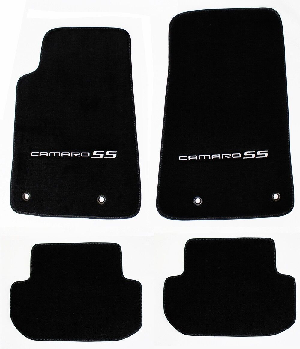 NEW BLACK Floor Mats 2010-2015 Camaro Embroidered Logo and SS in Silver 4 pc SET