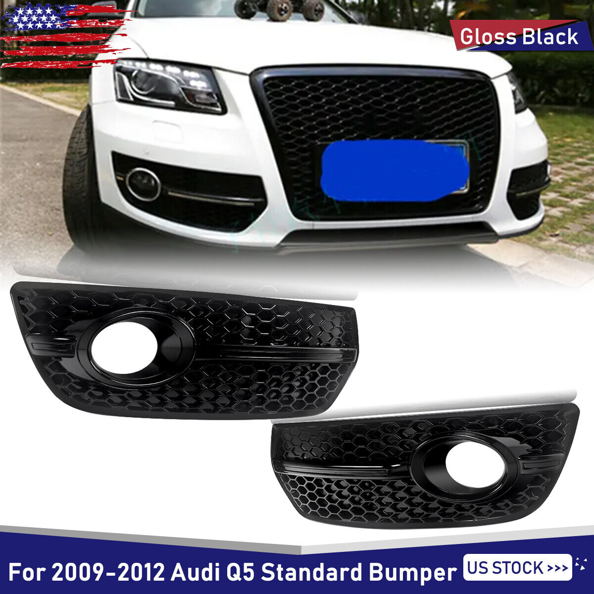 For 2009-2012 Audi Q5 Basic Bumper Fog Light Grille Covers SQ5 Look Gloss Black