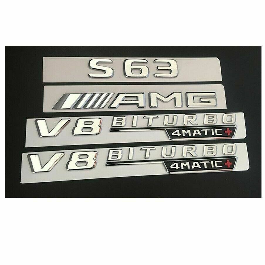 Chrome S63 AMG V8 BITURBO 4MATIC+ Trunk Fender Badges Emblems for Mercedes Benz