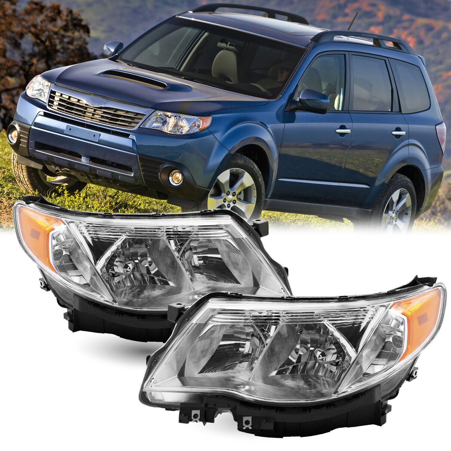 For 2009-2013 Subaru Forester Halogen Chrome Housing Headlights Headlamps 09-13