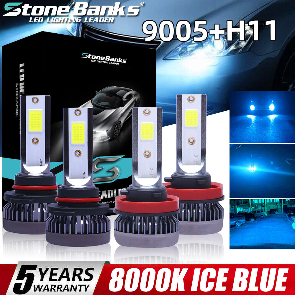 4PCS Mini Combo 9005+H11 LED Headlight Kit High Low Beam Bulbs Iced BLUE 8000K