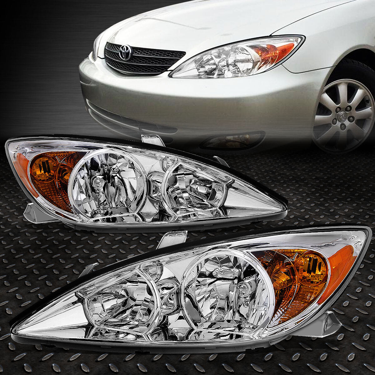 FOR 02-04 TOYOTA CAMRY CHROME HOUSING AMBER CORNER HEADLIGHT REPLACEMENT LAMPS