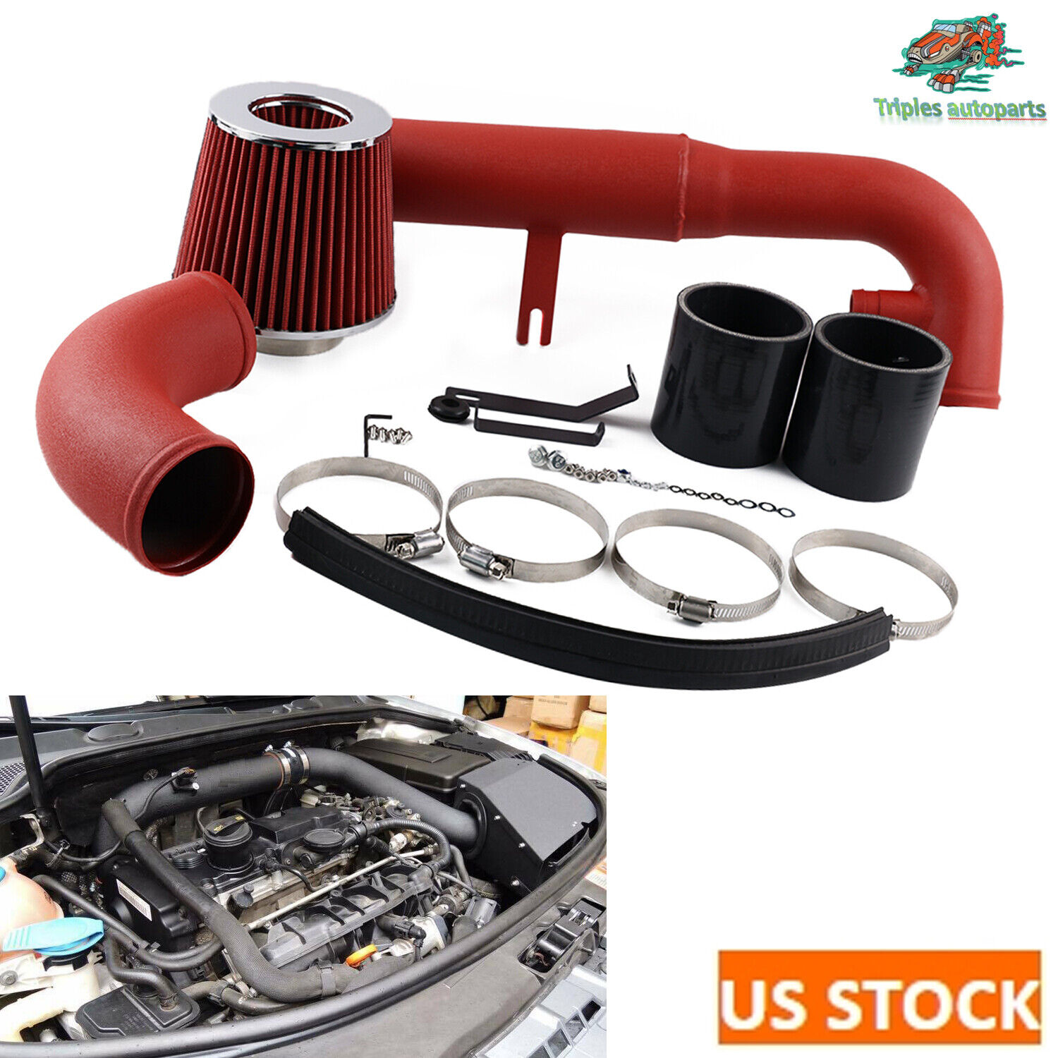 Red Cold Air Intake Pipe Filter + Shield For 11-12 VW Golf GTI MK6 MK5 2.0 EA113
