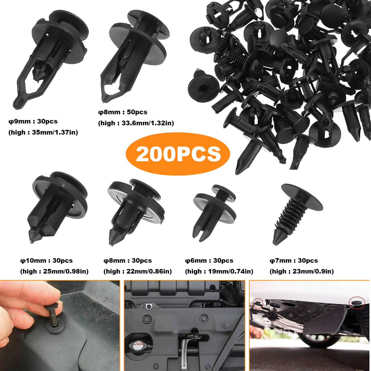 200 Pcs Push Bumper Fastener Rivet Clips with 6 Size Auto Body Retainer Clips US