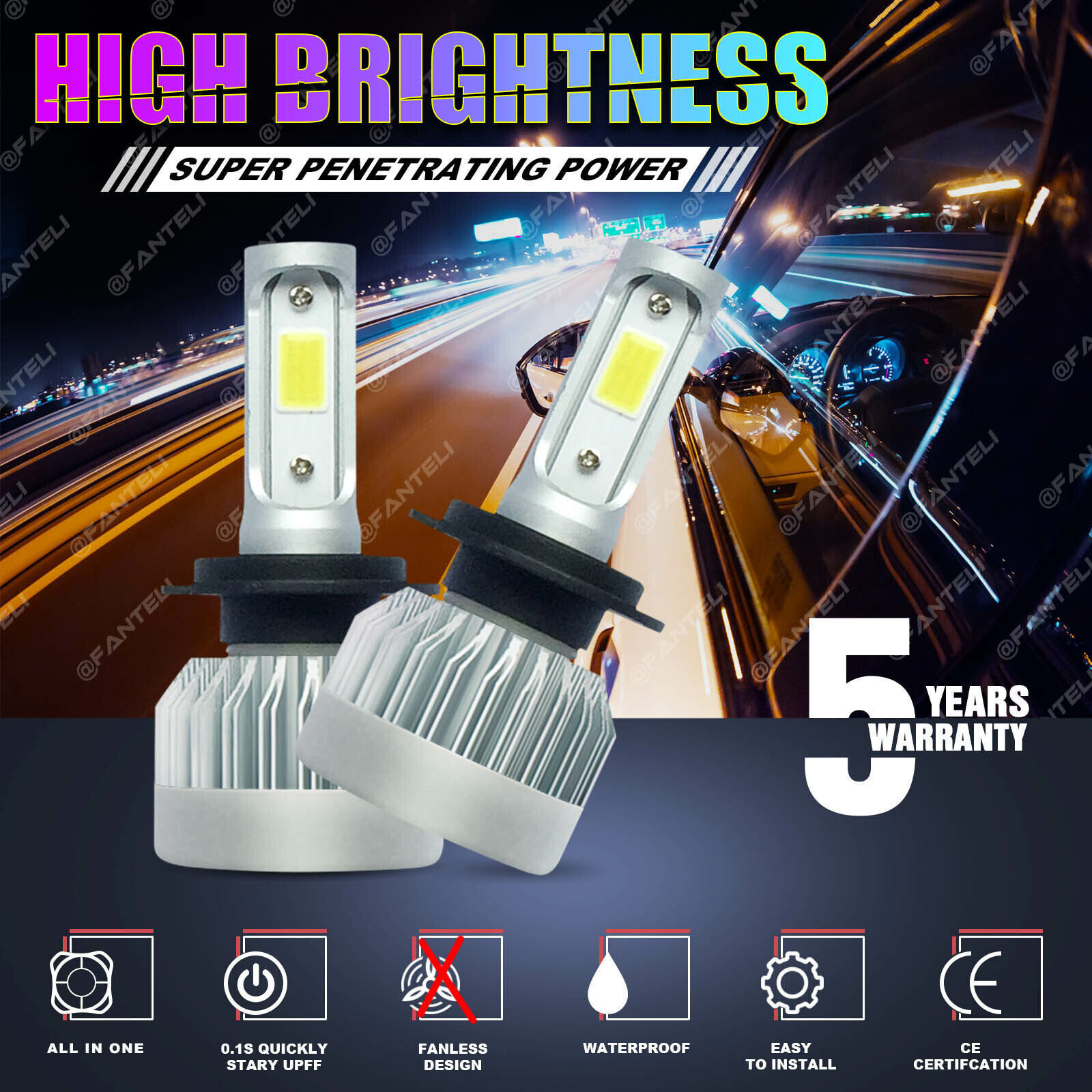 H7 1855W 278250LM CREE LED Headlight Kit High or Low Beam Bulb 6000K White Power