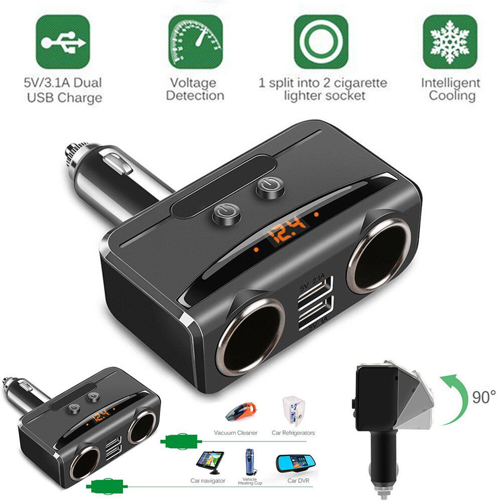 2-in1 Car Cigarette Lighter Socket Splitter 12/24V Dual USB Port Charger Adapter