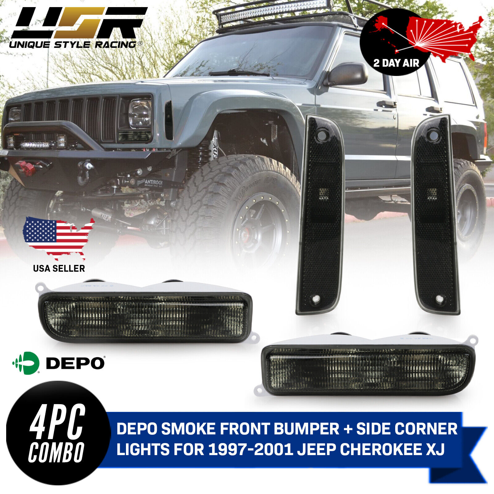 2nd Day Air DEPO Smoke Front Corner + Bumper Signal Lights For 97-01 Cherokee XJ