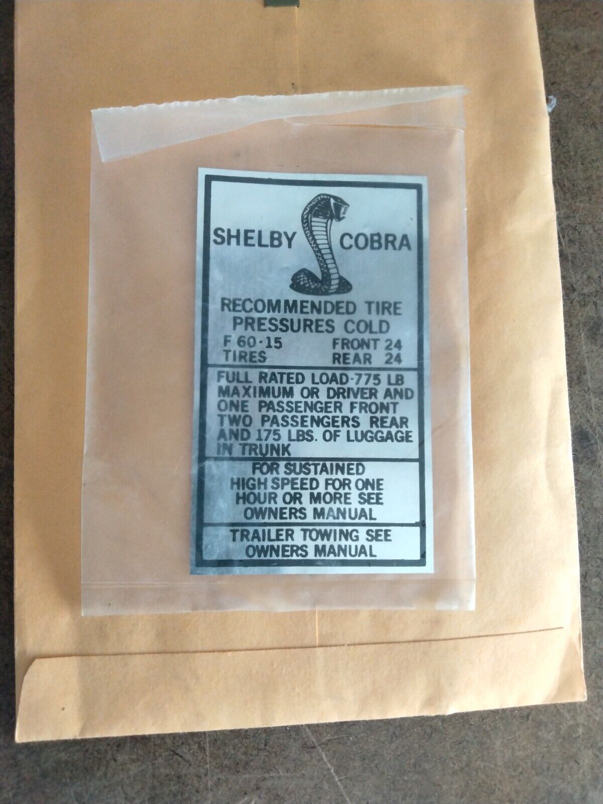 1967-68 Shelby Cobra Tire Pressure Decal with F60 x 15\