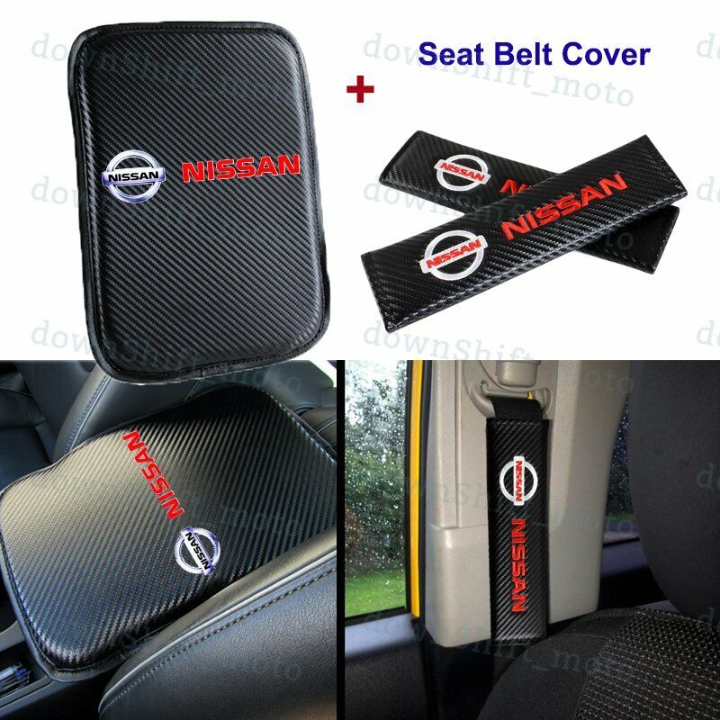 Carbon Fiber Car Center Armrest Cushion Mat Pad + Seat Belt Cover Set For NISSAN